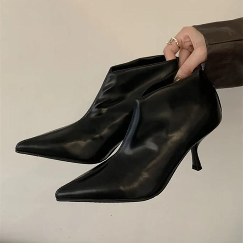 Fashion Elegant Black Soft Leather Ankle Boots Women Sexy Pointy Toe High Heels Fashion Back Zipper Design Boots for Women Winter Pumps