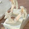 2025 New Bag Head Hollow Sandals Women's New Lace Pearl High Heels Shallow Mouth Pointed Thick Heel Single Shoes