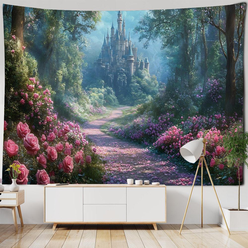 Dreamy Castle Background Wallpaper, Bedroom Tapestry, Cartoon Decoration, Hippie Aesthetic Home Wall Hanging, Yoga Mat