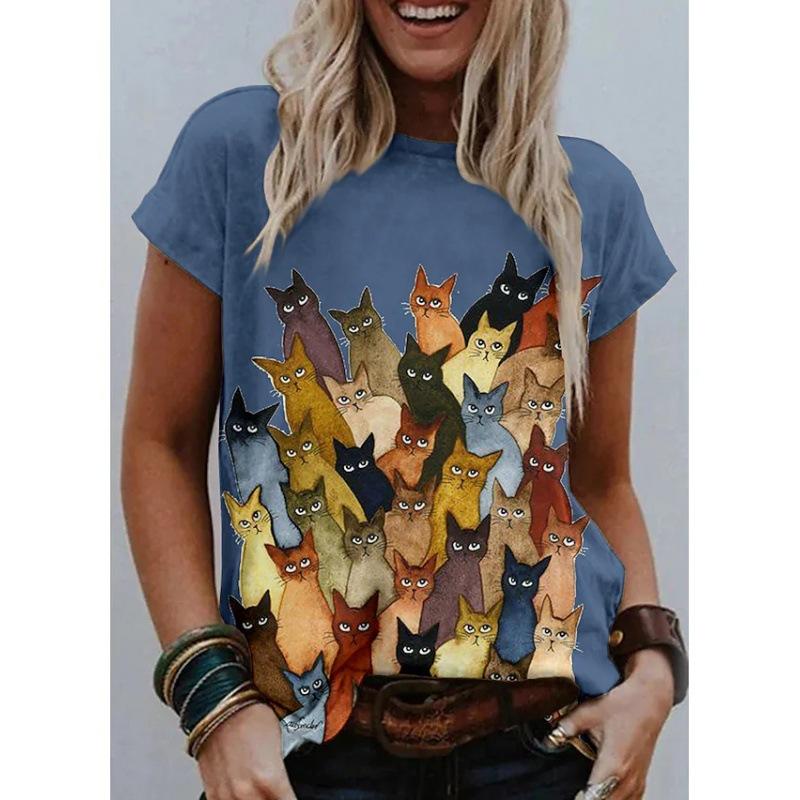3D Cat Painting Women's T-shirt Cat Image Printing Round Neck Casual Summer Tops