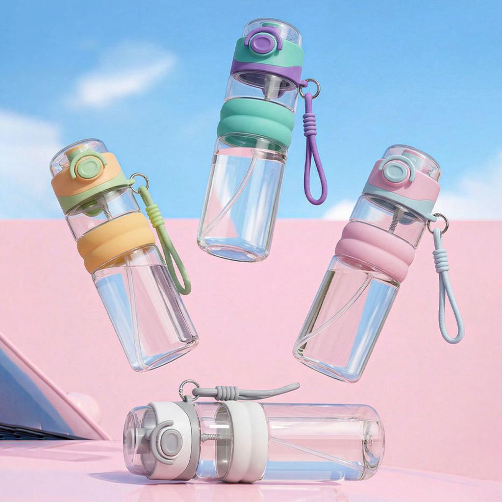 Spray Sports Water Bottle with Straw Direct Drinking Dual-Use Plastic Water Bottles for Outdoor Travel Office Walking