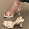 2025 Summer Thick Heel One-word with High Heels Design Sense Niche Super Fire New Waterproof Table Square Head Sandals Women