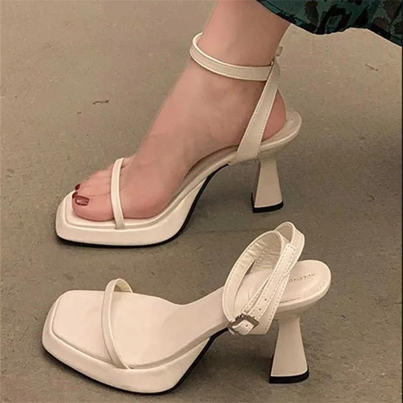 2025 Summer Thick Heel One-word with High Heels Design Sense Niche Super Fire New Waterproof Table Square Head Sandals Women