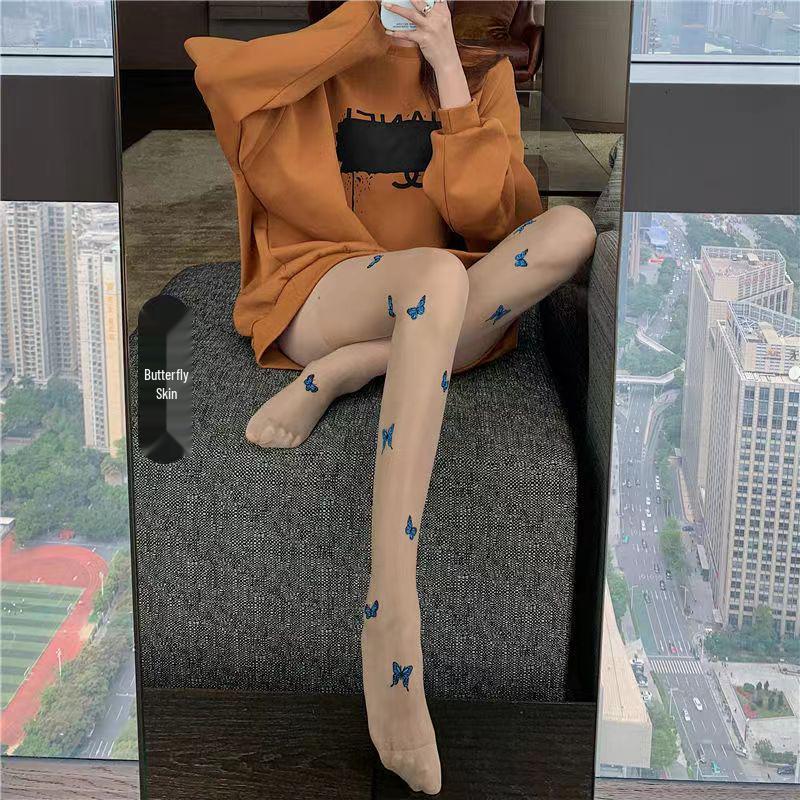 0D Summer Sheer Anti-Snag Lolita Knee-High Stockings with Blue Butterfly Design