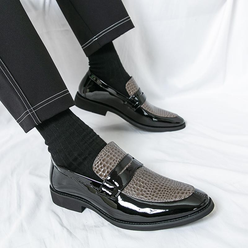 Men Black Loafers Leather Shoes Formal Business Flats Slip on Shoes Wedding Dress Prom Shoes Mosaic Contrast Over Sized