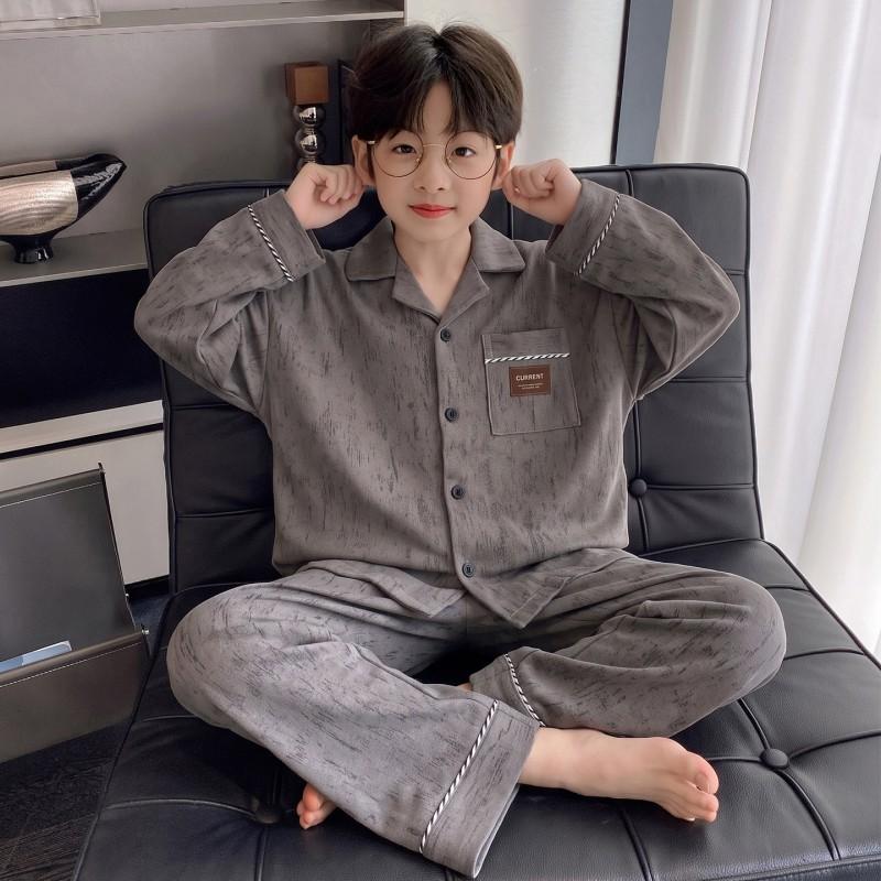 Boys Cotton Pajama Set Long Sleeve Open Front Cartoon Print Home Wear Kids Teens