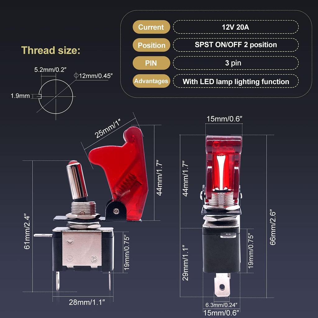 Twidec/3Pcs Rocker Toggle Switch 12V 20A Heavy Duty Racing Car Automotive Auto SPST ON/Off Toggle Switch Red LED Light Illuminated 3Pin with Red