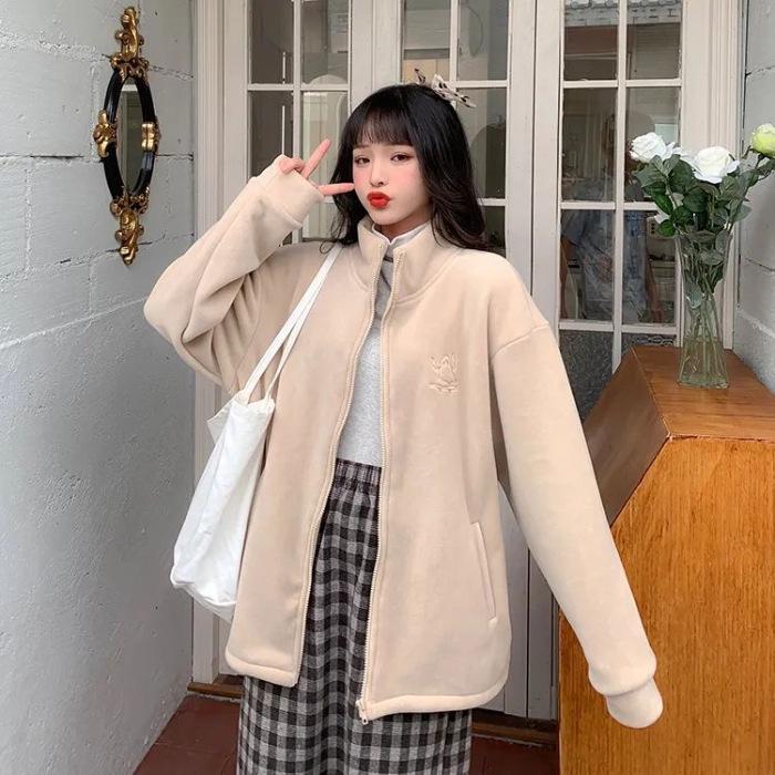 

Women s Thickened Velvet Embroidery High Collar Zipper Cardigan - Warm Fleece Polar Jacket Sweater 2XL