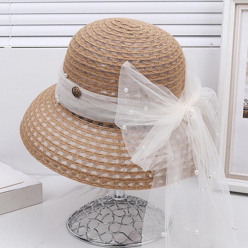 French Large Brim Woven Soft Straw Hat Women's Spring and Summer Seaside Beach Photo Visor Elegant Bow Sunscreen Hat
