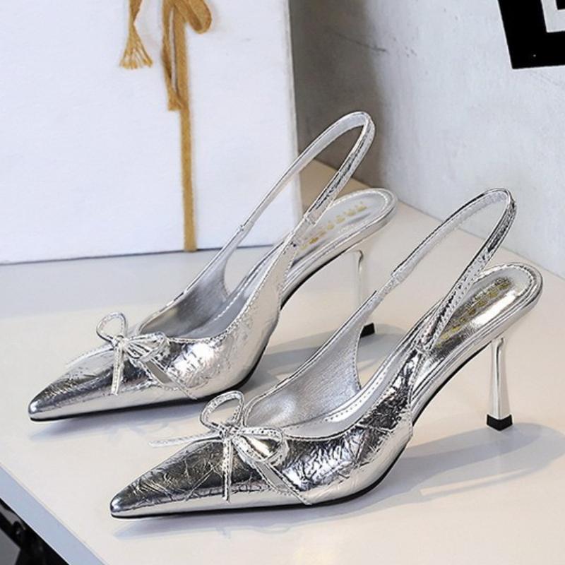 Fashion 2025 Summer Thin Heels Pumps Patent Leather Pointed Fashion Slipper Butterfly Knot Elegant Sandals Mules Shoes Zaptos Mujer