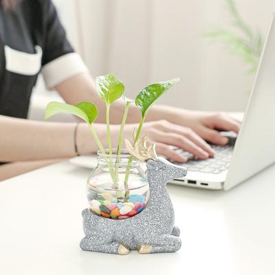 Statuina di Animale con Vaso Tavolino da Tè Mini Vaso di Fiori Ceramica Cervo Gatto con Vaso Idroponico in Vetro per Decorazione Casa Camera da Letto Soggiorno