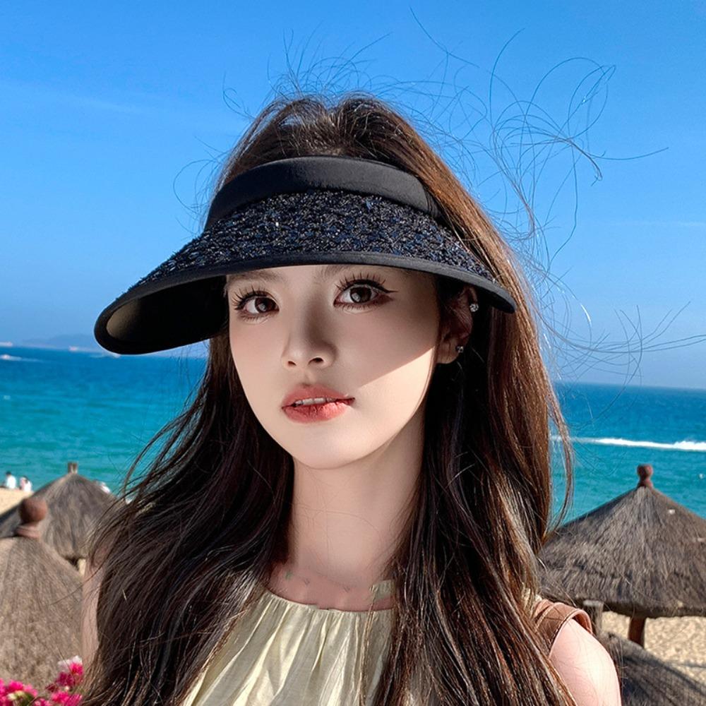Summer Empty Top Cap Shiny Visor Cap Simple Sequin Sun Hat  Travel