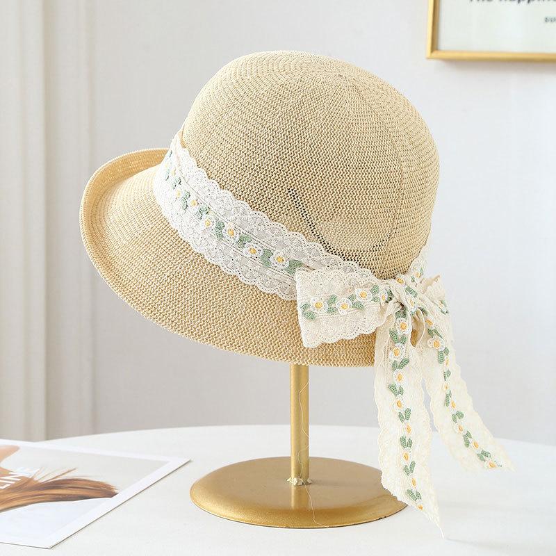 

Summer hat with ribbon bow, fisherman s hat with wide brim, straw hat with round top, sunshade hat outing 56-58cm бежевий
