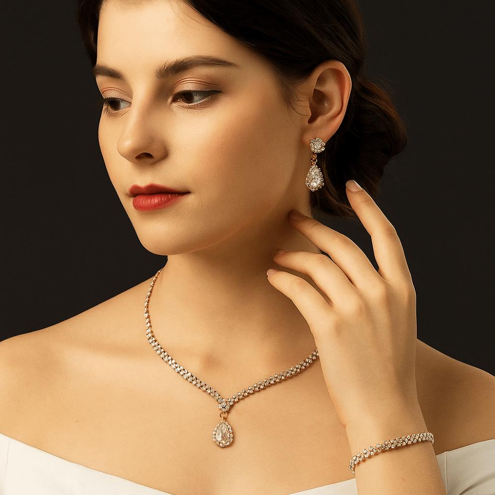 Zircon Necklace Earring Set Luxury Rhinestone Bracelet Trendy Bridal Jewelry Set  Wedding