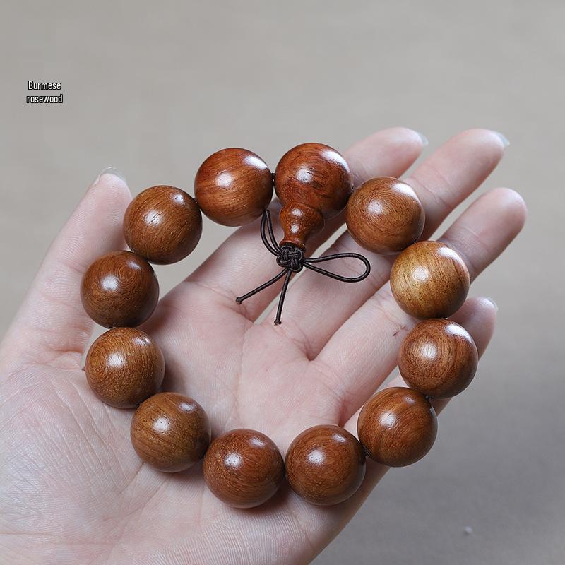 Men's Small-Leaf Red Sandalwood & Green Sandalwood Bracelet with Yellow Rosewood and Ebony Buddhist Beads 2.0".