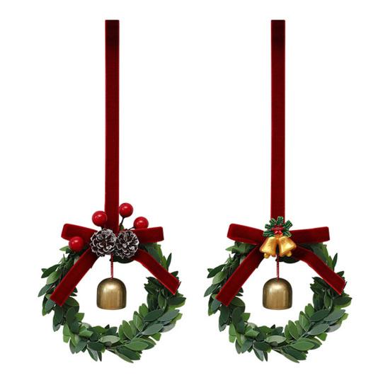 Christmas Bell Wreath Hanging Ornament Mini PVC Garland with Red Bow Xmas Tree Decor