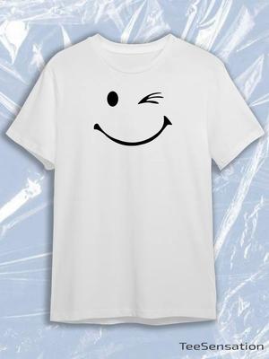 TeeSensation White Crew Neck Short Sleeve T-Shirt with Black Winking Smiley Face Print