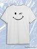 TeeSensation White Crew Neck Short Sleeve T-Shirt with Black Winking Smiley Face Print