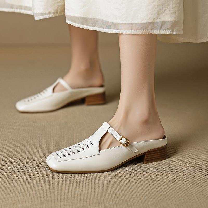 Fashion 2025 Outside Summer Women Mules Genuine Leather Women Shoes Cover Toe Chunky Heel Slippers Square Toe Hollow-out Modern Slippers