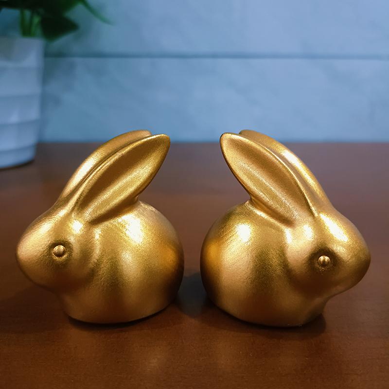 2PCS Gold Rabbit Double Statue Mascot Animal Cartoon Bunny Figurines Ornament Gift Resin Home Car Desktop Decoration