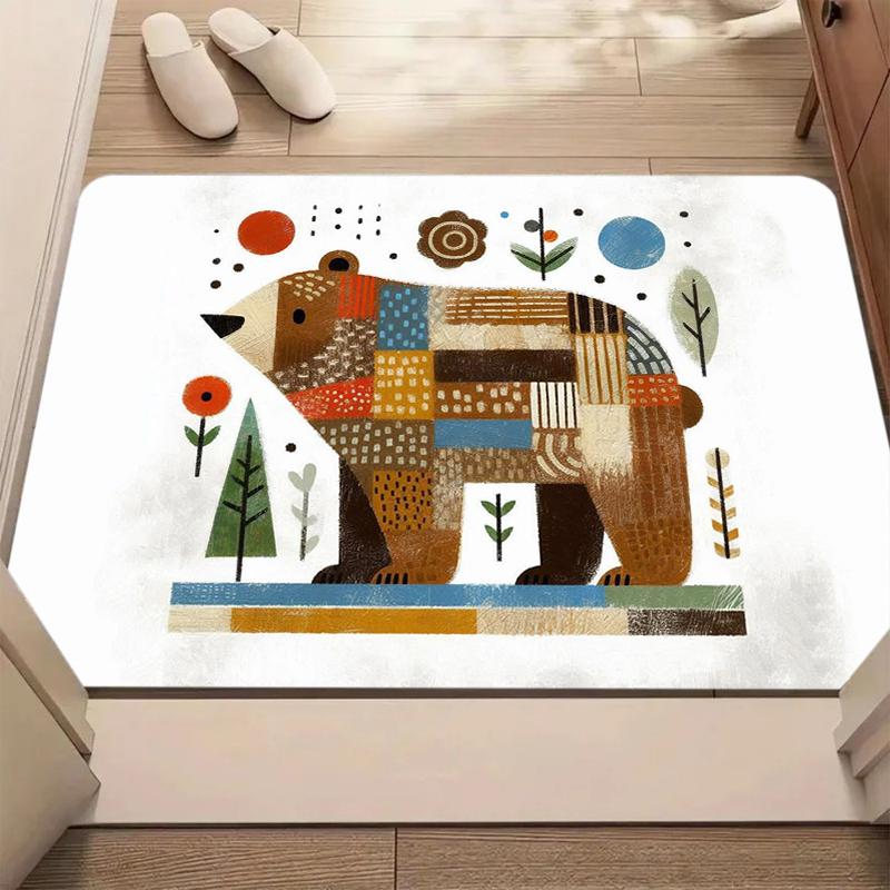 Cute Retro Patchwork Bear Print Bath Mat Non SlipWashable Kid Friendly Floor Carpet for Bathroom Bedroom Entryway Cozy Decor