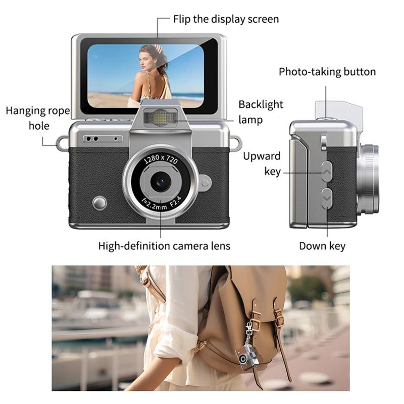 Palm-Sized Mini Digital Camera 180° Flip Selfie Screen with Flashlight Multiple Filters Keychain Portable Digital Camera LK027