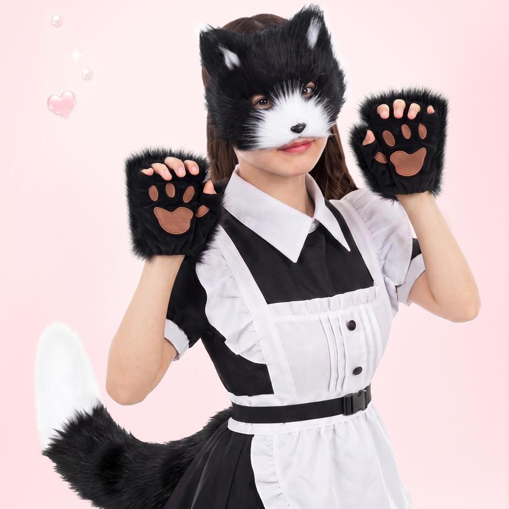 Faux Fur Cat Fox Mask Tail Paw Gloves Set Therian Costume Kit for Women Girls Adult Halloween Cosplay Masquerade Party