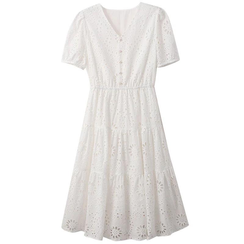 Skeleton Dress Female Summer Short-sleeved Loose V-neck French High-waisted Skirt