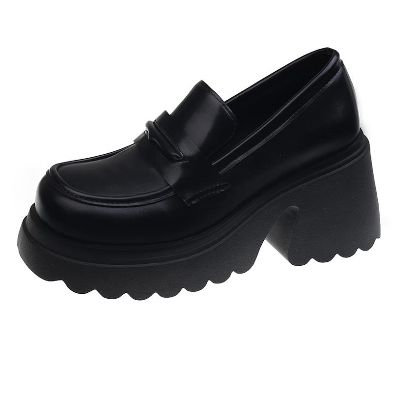Gothic Chunky High Heels Pumps for Women 2025 Spring Patent Leather Platform Loafers Woman Black Thick Heeled Jk Lolita Shoes
