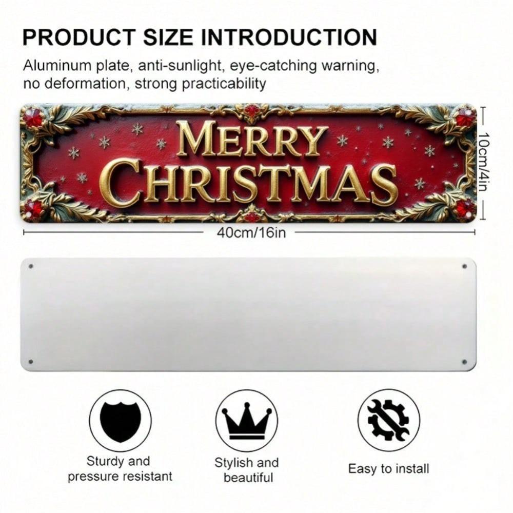 2D Flat Vintage Merry Christmas Metal Wall Sign 4x16 Inch, Golden Lettering Red Green Holiday Decor with Holly Berry Wreath Border, Rustic Easy-Hang