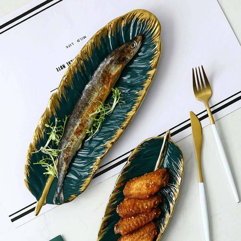 Leaf Plate Realistic Feather Tray Table Decoration Ceramic Jewelry Ring Trinket Dish Holder Decorative Serving Tray for Fruit Snack Dessert Jewelry