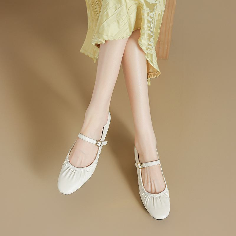 Krazing Pot Full Grain Leather Round Toe Med Heels Autumn Mary Janes Summer Shoes Women Pleated Decoration Pumps