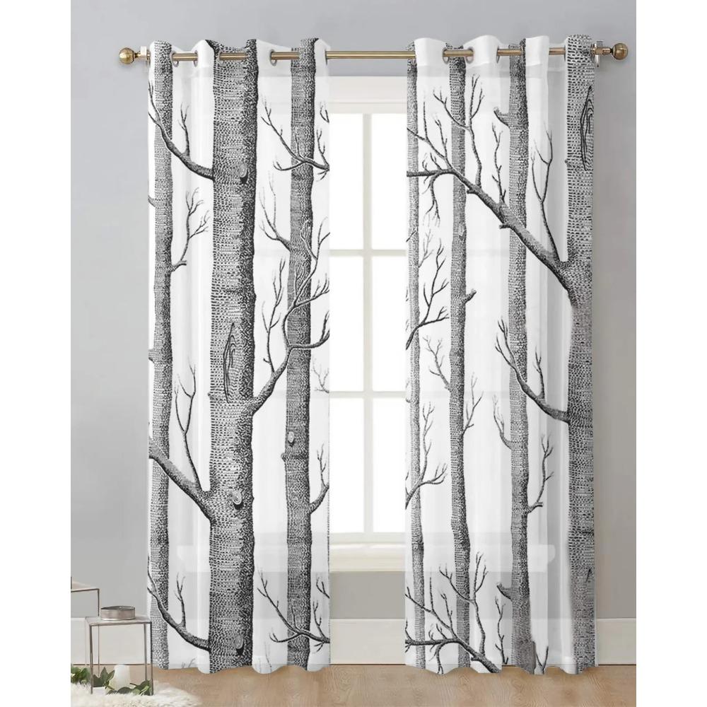 Gray White Birch Tree Branches Sheer Curtains for Living Room Decoration Tulle Voile Organza Window Curtains for Kitchen Bedroom