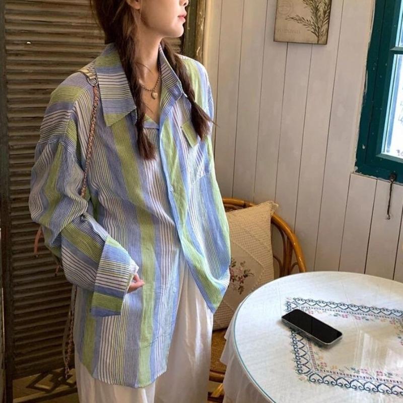 Colorful Striped Women's Shirt Turn Down Collar Chest Pocket Color Blocked Long Sleeved Blouse Korean Style Spring New Version Loose Casual Lady Top