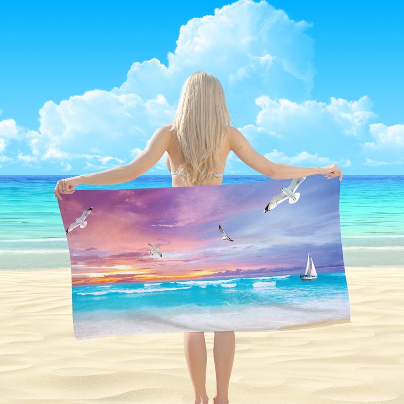 Scenic Beach Print Microfiber Towel Quick Dry Sand Free Large Bath Towel with Seagull Sailboat Palm Tree for Swimming Travel