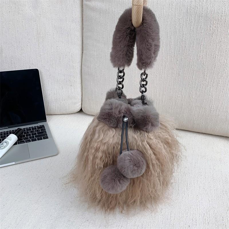 Womens Plush Bucket Bag Faux Fur Patchwork Chain Crossbody Drawstring With Pom Medium Size