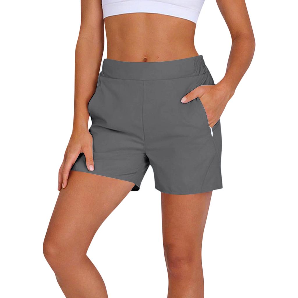 Women's Fashion Solid Color Athletic Casual Elastic Waistband Shorts with Zipper Pockets for Outdoor and Leisure Activities