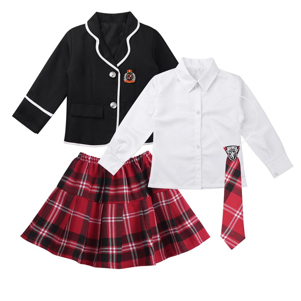 Set Uniformă Școlară Japoneză Coreeană pentru Fete Costum Anime Cămașă cu Mânecă Lungă Haină cu Fustă Mini Pliată în Carouri Set 4 Bucăți