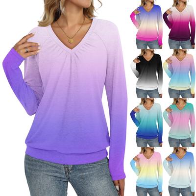 Damen Casual Mode V-Ausschnitt Raglan Plissee Einfarbig Langarm Top