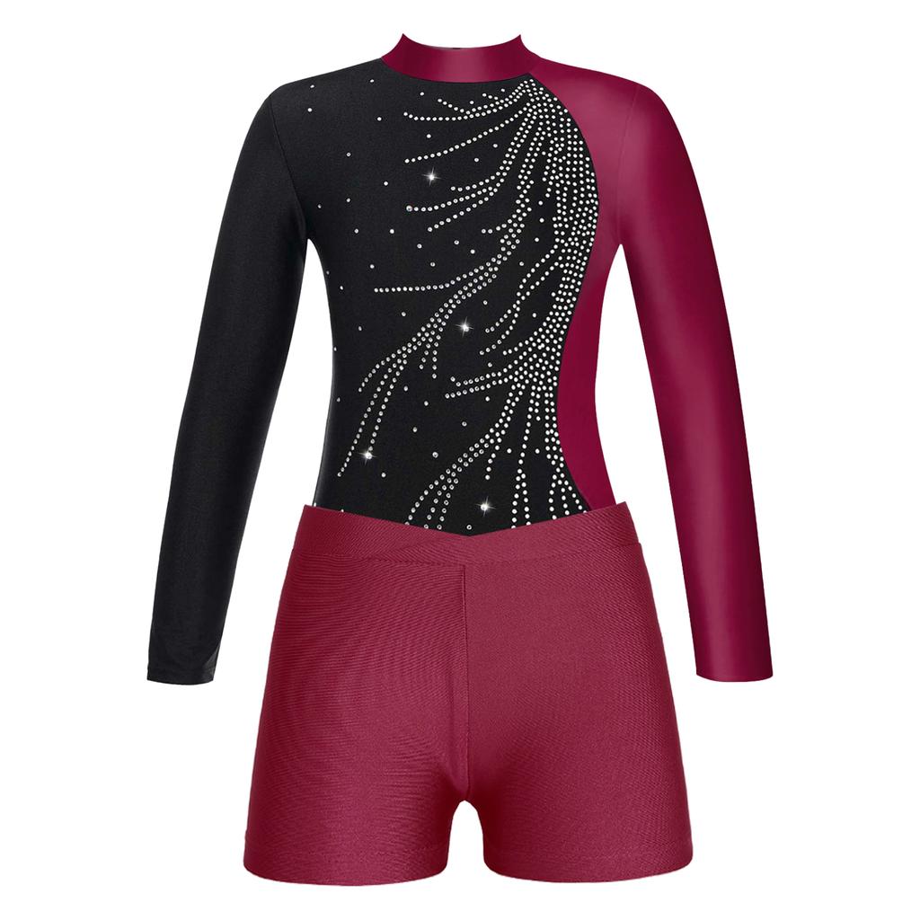 Kids Girls Gymnastics Skating Long Sleeve Leotard Jumpsuit with Shorts Dancewear