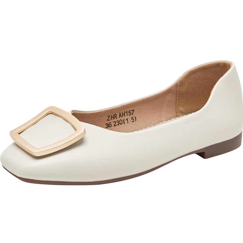 ZHR Women s Genuine Leather Square-Buckle Flat Shoes EU 36