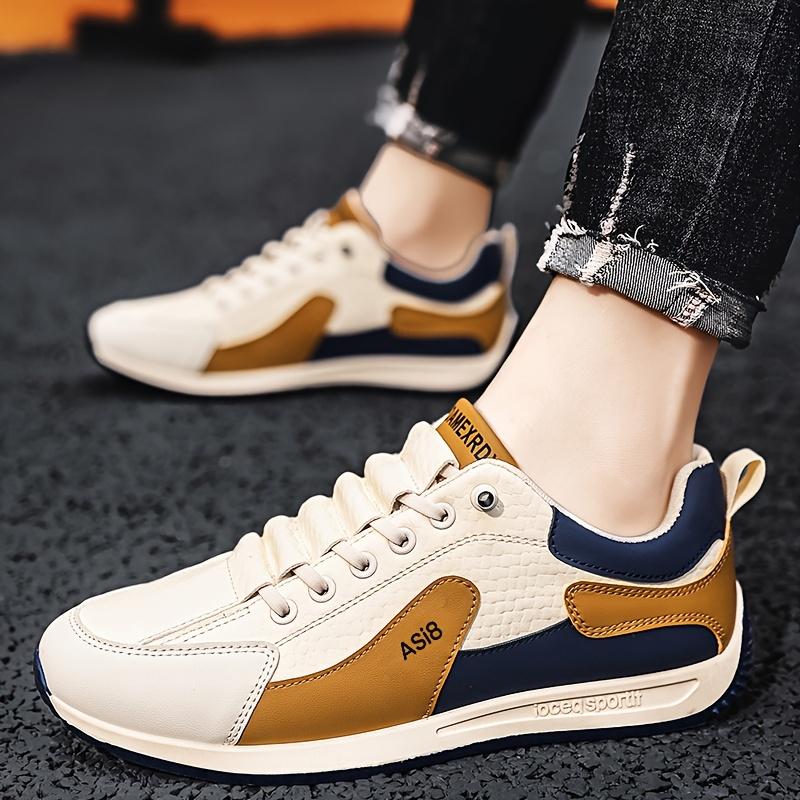 Men's Fashion Color Block Sneakers Casual Low-Top Lace-Up Shoes with Shock Absorption White/Brown/Orange Stripe Design, Ideal for All Seasons
