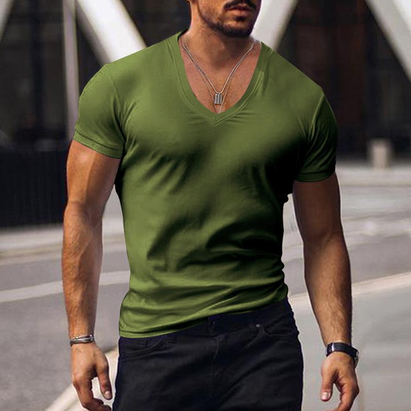 Top Men's V-neck Solid Color Large Size Casual T-shirt Short Sleeve Men's Wear
