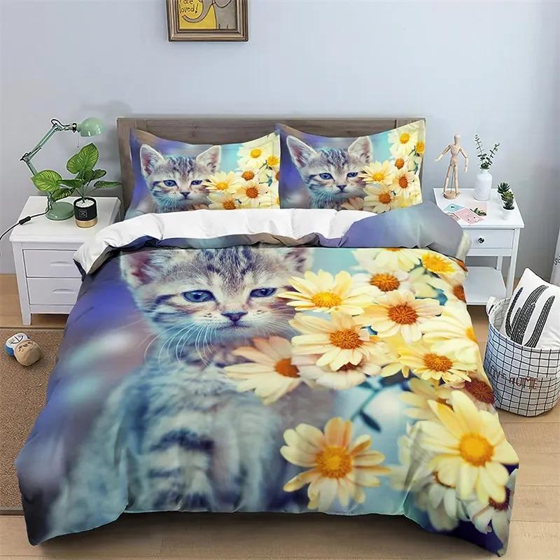 3D Cat Print Duvet Cover Floral Bedding Set Twin Full For Kids Girls Boys Room Luxury Microfiber Quilt Cover