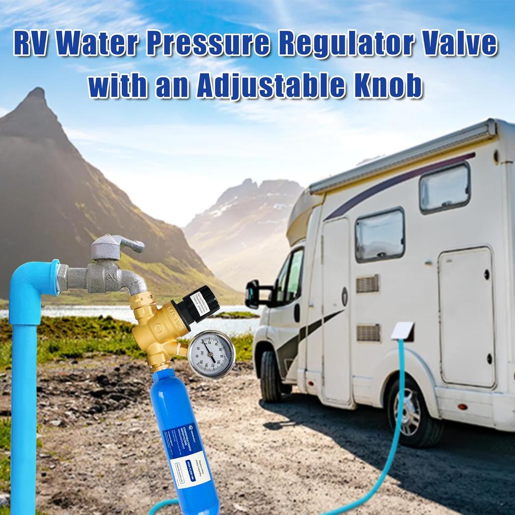 Hourleey RV Water Pressure Regulator, Adjustable Handle Brass Water Pressure Regulator, Water Pressure Reducer with Gauge and Inlet Screened Filter