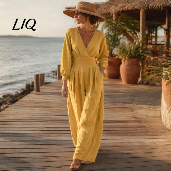 Casual Women Jumpsuit Women's Long Sleeve Jumpsuit, Deep V Neck Loose Wide Leg All Day Comfort Rompers, High Waist Summer One Piece Outfits