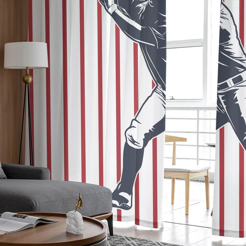 Red Stripes American Baseball Modern Printed Tulle Curtains for Bedroom Balcony Window Decor Creative Fashion Home Sheer Curtain