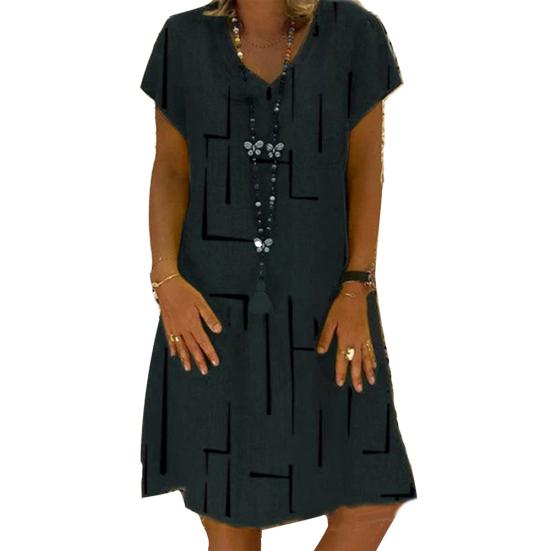 Robe Vintage pour Femme, Couleur Unie, Col en V, Manches Courtes, Imprimée, Coupe Ample, Longueur Genou