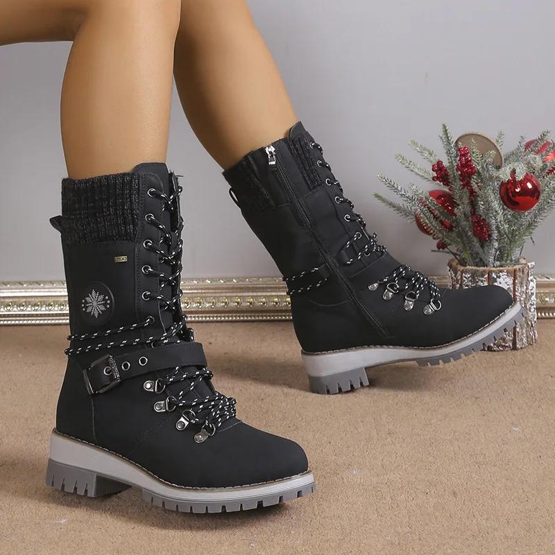Women Winter Boots Buckle Lace Lady Mid-calf Boots Low Heel Round Toe Quality Warm Shoes Botas De Mujer
