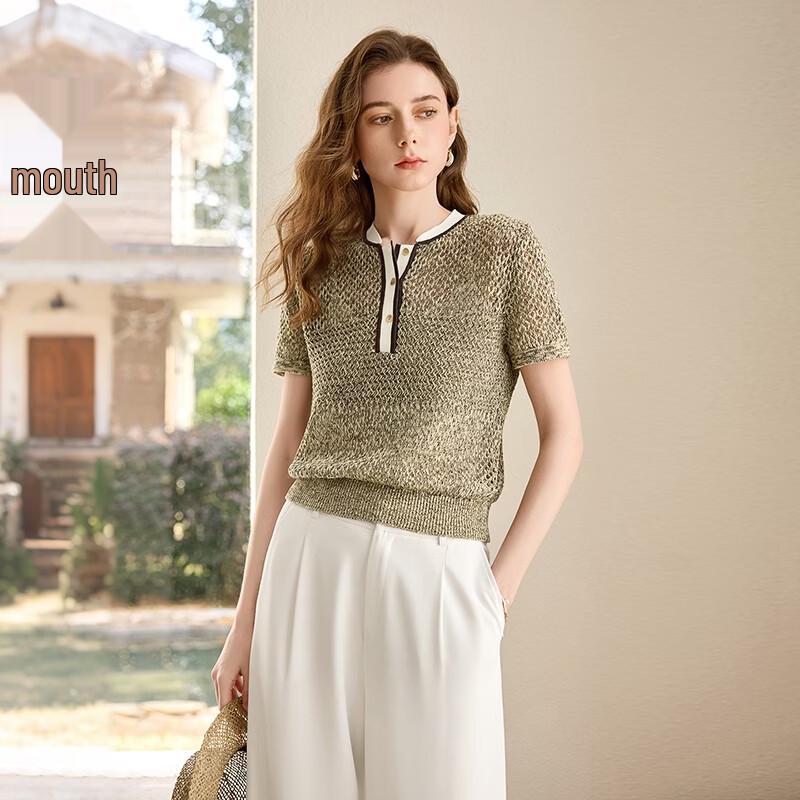Top a Maniche Corte in Maglia Color Block con Intreccio Vuoto da Donna